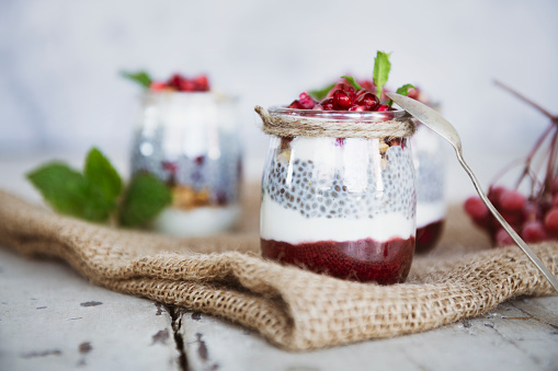 Chia seed pudding with fresh berries for the breakfast