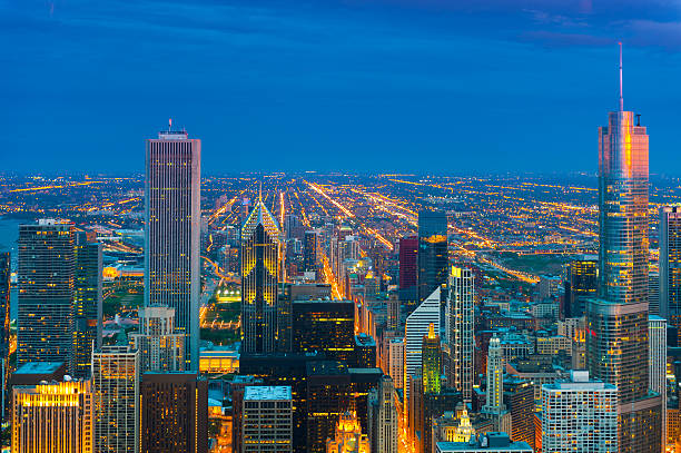 Chicago areal view taken at twilight stock photo