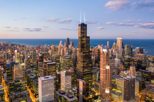 Chicago at Dusk - Aerial Cityscape stock photo
