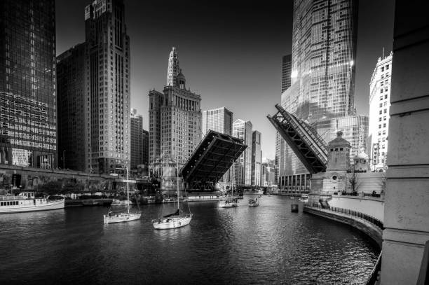 Chicago Riverwalk Bridges buildings and boats waterfront photos stock pictures, royalty-free photos & images