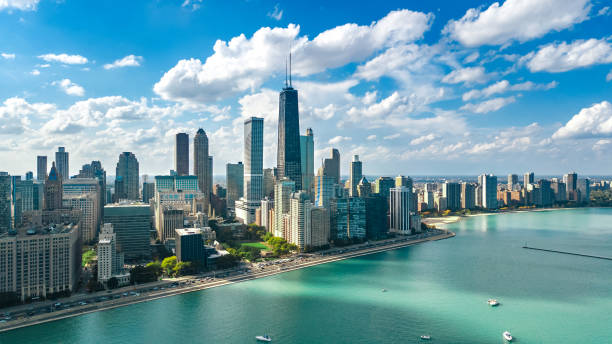 Chicago skyline aerial drone view from above, lake Michigan and city of Chicago downtown skyscrapers cityscape, Illinois, USA Chicago skyline aerial drone view from above, lake Michigan and city of Chicago downtown skyscrapers cityscape, Illinois, USA waterfront stock pictures, royalty-free photos & images