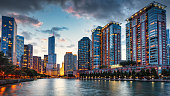 istock Chicago Urban Skyine at Sunset Downtown Chicago Cityscape Panorama 1300252816
