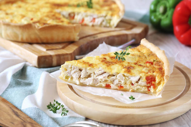 Chicken and bell pepper quiche, french pie stock photo