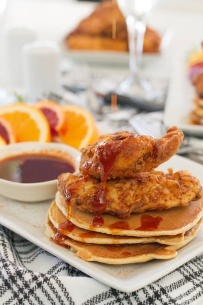 Chicken and Pancakes with Siracha Syrup stock photo