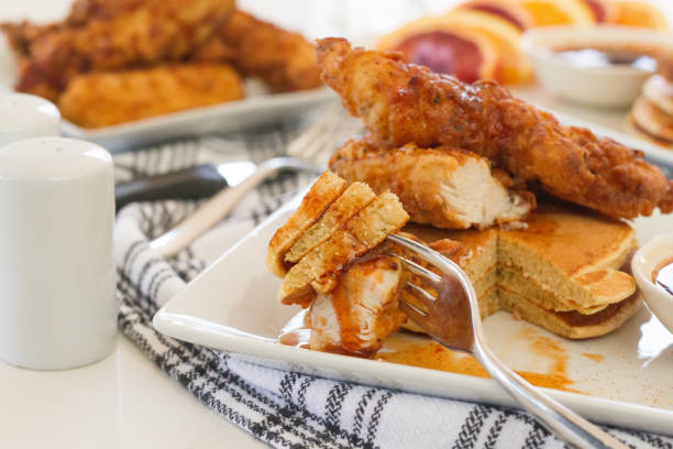 Chicken and Pancakes with Siracha Syrup stock photo
