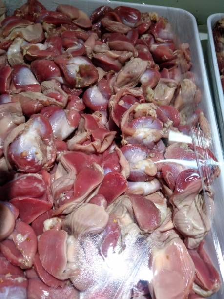 Chicken gizzards served in supermarkets are packed with wrap, you have to make sure they are cold so they are always fresh stock photo