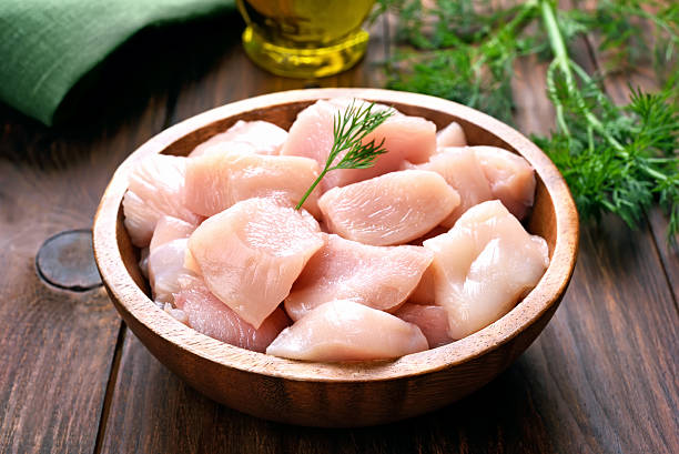 Chicken meat in wooden bowl stock photo