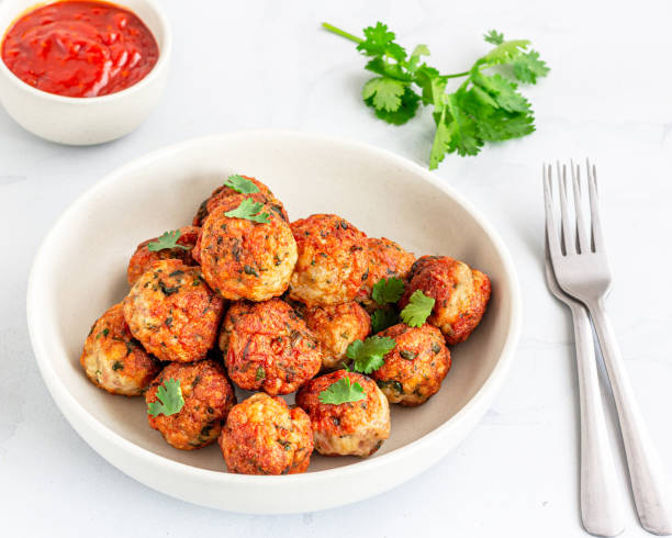 Chicken Meatballs, Top View Fried Meatballs, Asian Food, Chicken Appetizer Photo stock photo