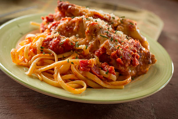 Chicken Parmesan with Linguine stock photo