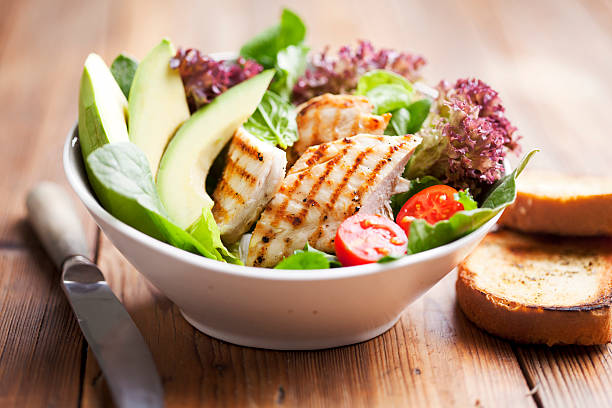 chicken salad salad with avocado and grilled chicken fillet chicken salad stock pictures, royalty-free photos & images