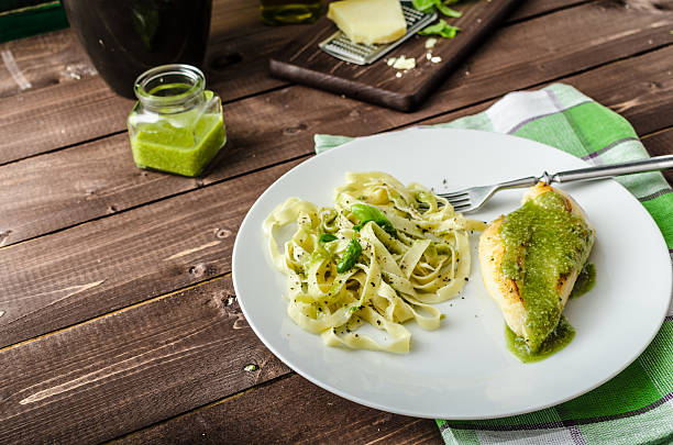 Chicken steak with home pesto Chicken steak with home pesto, pesto made by blended nuts, parmesan, garlic, olive oil and basil microgreen pesto stock pictures, royalty-free photos & images