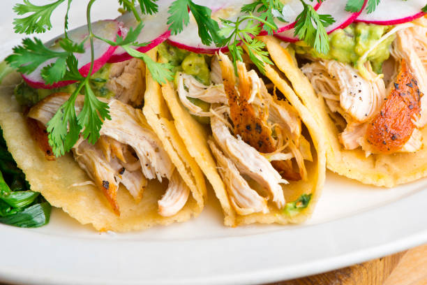 Chicken Tacos Tex-Mex favorite, Mexican street tacos, beef, fish pork, served on homemade corn tortilla. Seasoned tender meat, fresh avocado cilantro queso freasca and homemade salsa and lime slices. stock photo