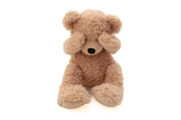 Child abuse concept. Teddy bear cover eye isolated on white background stock photo
