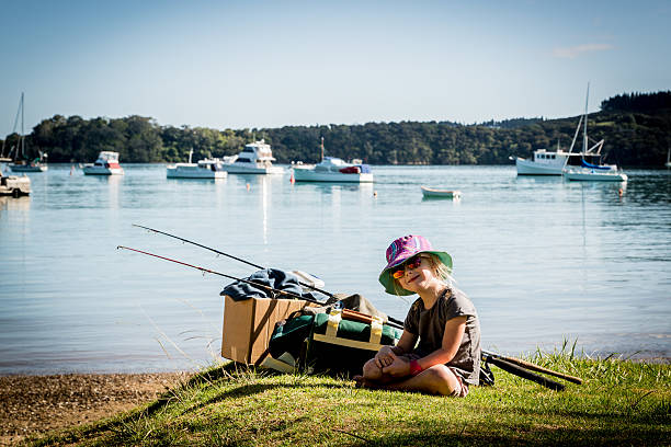 Child going fishing stock photo