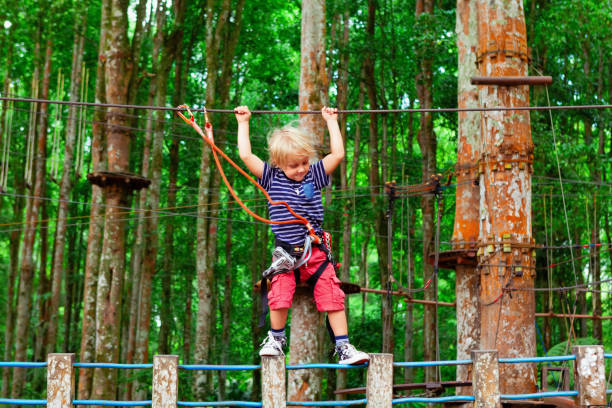 Child in safety harness pass obstacle in adventure rope park stock photo
