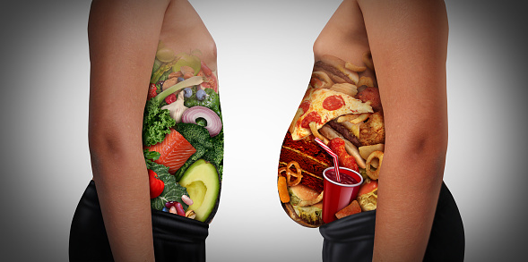 Child nutrition choice eating unhealthy diet or healthy food as a side view of a fat and normal kid with the stomach made from junk food or health ingredients as a youth medical dieting issue with 3D illustration elements.