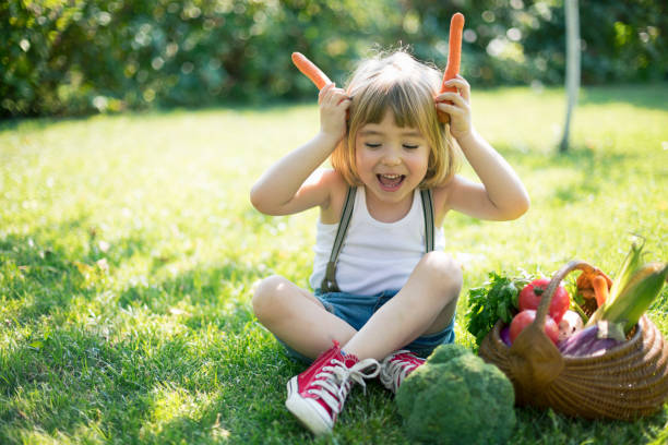 Child with a basket of organic vegetables stock photo