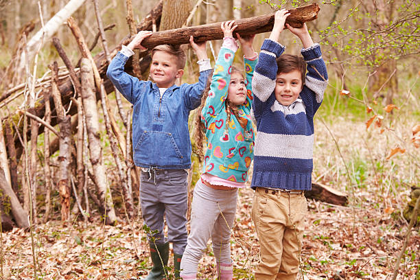 Children Building Camp In Forest Together stock photo