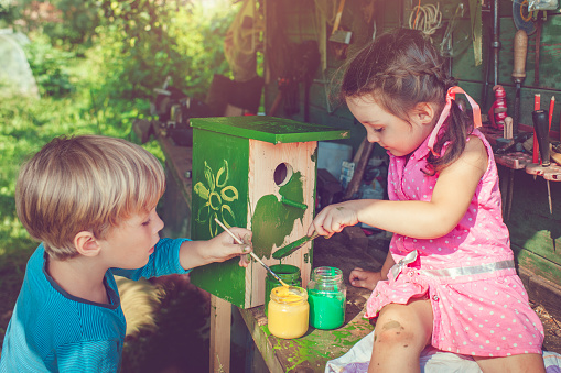 Little boy and girl building and painting birdhouse outdoors in summer