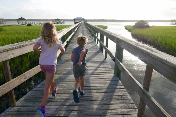 Children running on a wooden pier towards the water stock photo