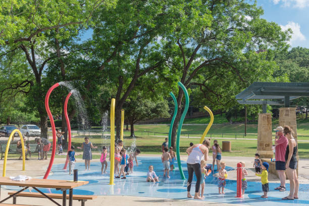 Children splash pad or spray ground Parr Park, Grapevine, Texas, USA stock photo