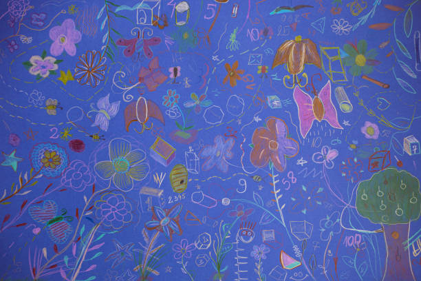 disegno per bambini su carta blu. include farfalla, albero e fiori colorati. - stankovic foto e immagini stock