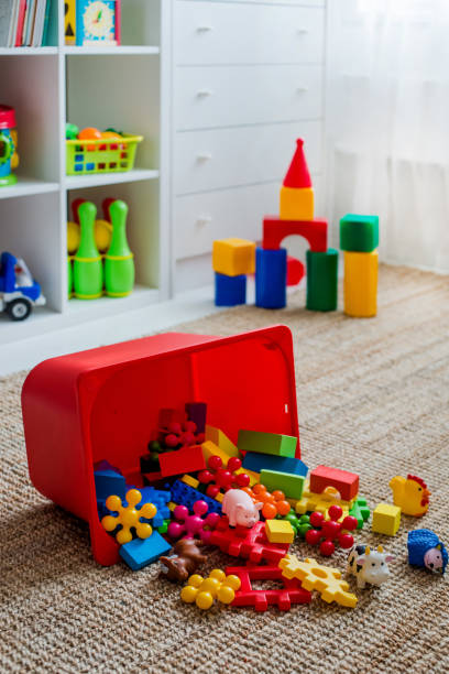 Children's playroom with plastic colorful educational blocks toys. stock photo