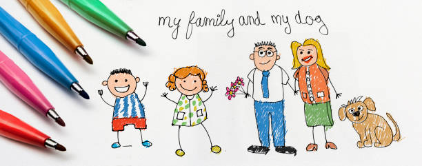 child's drawing, my family and my dog stock photo