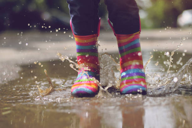 Child's feet in rubber boots. Summer, puddles, rain stock photo