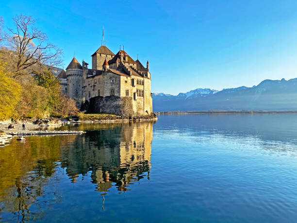 Chillon Castle (Château de Chillon or Das Schloss Chillon) on the shores of Lake Geneva  (lac de Genève, lac Léman or Genfersee), Veytaux - Switzerland (Suisse) stock photo