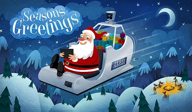 Chilly winter night Santa's recent upgrade to a self-driving gps-enabled zero-emissions hypersled has been great for everyone. Santa travels in ease and style, and the reindeer get a much needed vacation. funny santa cartoons pictures stock pictures, royalty-free photos & images
