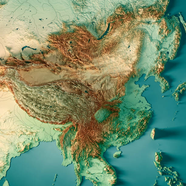 cina 3d rendering topographic map colore - gobi desert foto e immagini stock