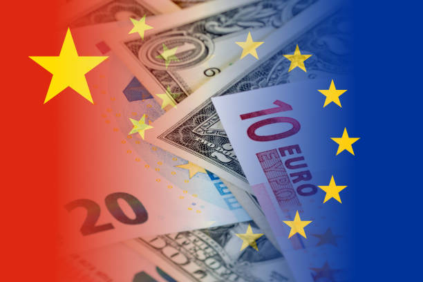 china and eu flags with euro and dollar banknotes mixed image stock photo