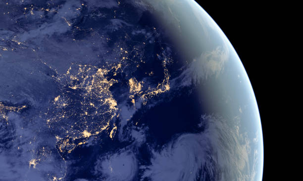 China and Japan lights during night as it looks like from space. Elements of this image are furnished by NASA stock photo