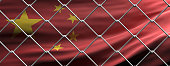 China closed borders concept. Chinese flag behind steel mesh wire fence. COVID 19 pandemic quarantine, 3d illustration