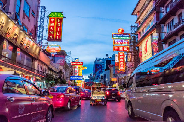 Chinatown Bangkok traffic and architecture stock photo