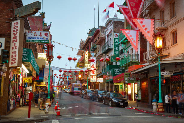 Chinatown in San Francisco at dusk, California, USA Chinatown in San Francisco at dusk, California, USA chinatown stock pictures, royalty-free photos & images