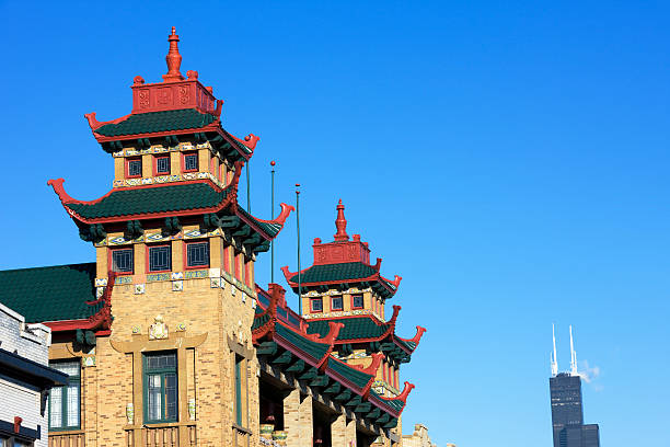 Chinatown Rooftops in Chicago  chinatown stock pictures, royalty-free photos & images