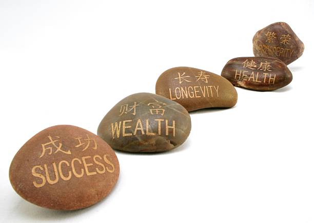Chinese and English Inspiration Stones, Longevity Focus. stock photo