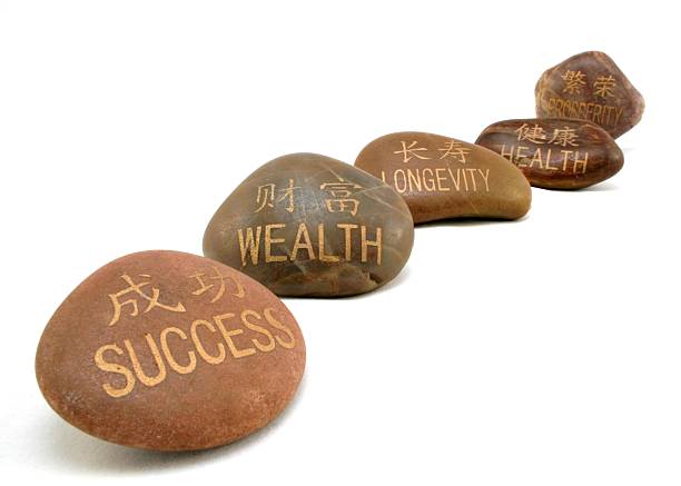 Chinese and English Inspiration Stones, Wealth Focus. stock photo