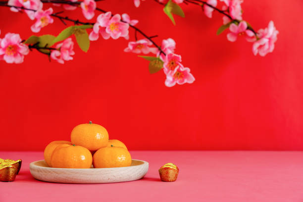 Chinese character means fortune and luck.Accessories on Lunar New Year & Chinese New Year holiday concept background.Orange in wood plate with gold money and pink flower on modern red paper & space. stock photo