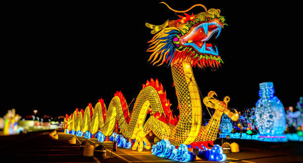 chinese dragon lantern festival panoramic night A chinese dragon lantern festival panoramic night . chinese lantern festival stock pictures, royalty-free photos & images