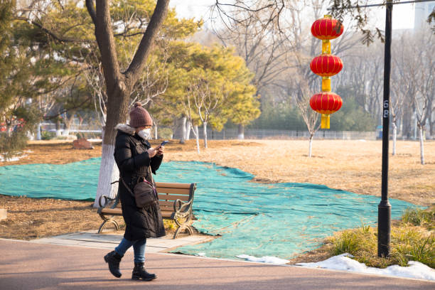 Beijing, China- February, 09, 2020: A Chinese girl wears protective masks is watching her cellphone as having a walk in an empty city park during outbreak of coronavirus（COVID-19） stock photo