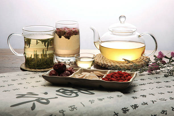 Chinese herbal medicine and tea set stock photo