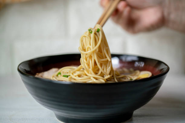 Chinese homemade noodles, with marinated soup stock photo