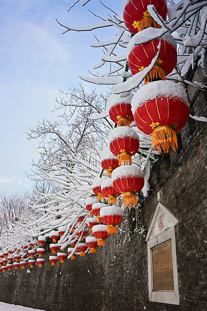 китайский фонарь в зимний - happy new year стоковые фото и изображения