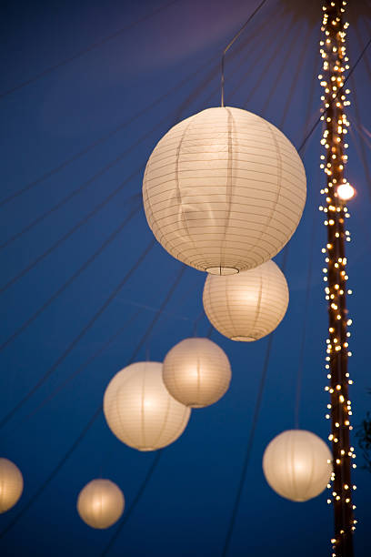Chinese lanterns at night in the tent stock photo