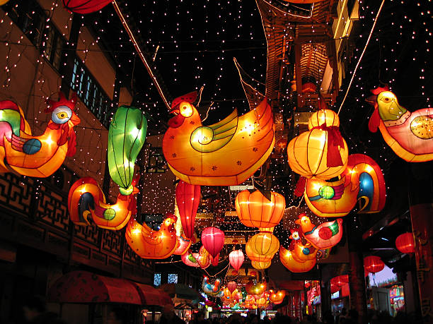 Chinese Lanterns at night - Year of the Cock In old town Shanghai the evenings are festive with bright, colorful paper lanterns hanging overhead. This photo was taken in the Chinese year of the cock. While often called "paper lanterns" I think these are actually made of silk or nylon. chinese lantern festival stock pictures, royalty-free photos & images