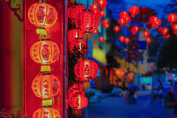 Chinese new year lanterns with blessing text stock photo