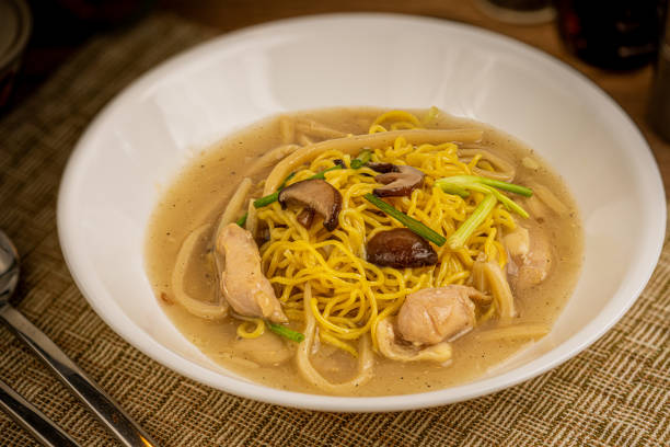 Chinese noodle with chicken and shiitake mushroom stock photo